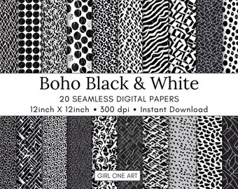 Boho Black White Seamless Digital Paper Trendy Neutral Patterns Junk Journal Wedding Invitations Printable Pattern Sublimation Cricut Design