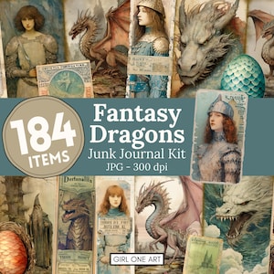 Fantasy Drachen Junk Journal Kit Sofortiger Download Digital Scrapbook Papier Collage Sheets Ephemera Vintage Hintergründe JPG