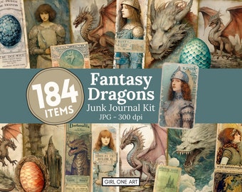 Fantasy Dragons Junk Journal Kit Instant Download Digital Scrapbook Paper Collage Sheets Ephemera Vintage Backgrounds JPG