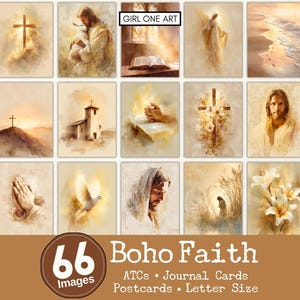 Könnte beinhalten: Eine Sammlung von 66 Boho Faith-Bildern, darunter ATCs, Journalkarten, Postkarten und Drucke im Letter-Format. Die Bilder zeigen religiöse Themen wie Kreuze, Jesus, Tauben und betende Hände in einem weichen Aquarellstil mit warmen Erdtönen.