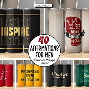 Puede incluir: Conjunto de 40 envoltorios para vasos con frases motivacionales para hombres. Los envoltorios presentan una variedad de colores y diseños, incluyendo negro, dorado, rojo, amarillo, verde y blanco. Las frases incluyen "Inspire", "Progress Over Perfection", "Mindset Is Everything", y "You Are Your Only Limit".