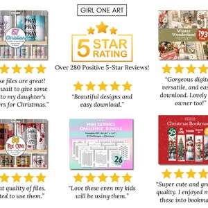May include: A collage of digital products for sale, including printable designs for tumblers, bookmarks, and mini savings challenges. The collage includes customer reviews and a 5-star rating.