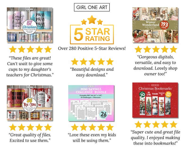 May include: A collage of digital products for sale, including printable designs for tumblers, bookmarks, and mini savings challenges. The collage includes customer reviews and a 5-star rating.