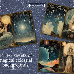 May include: A set of 34 digital images featuring celestial backgrounds with stars, moons, and planets. The images are in a vintage style with a dreamy, magical feel.  The text "34 JPG sheets of magical celestial backgrounds" is at the bottom of the image.