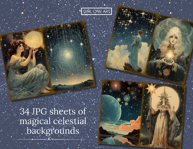May include: A set of 34 digital images featuring celestial backgrounds with stars, moons, and planets. The images are in a vintage style with a dreamy, magical feel.  The text "34 JPG sheets of magical celestial backgrounds" is at the bottom of the image.