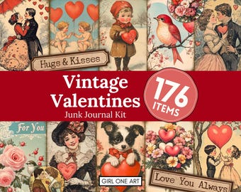 Kit de diario basura vintage de San Valentín: Efímeras de San Valentín, papeles decorativos de corazones románticos (digitales)