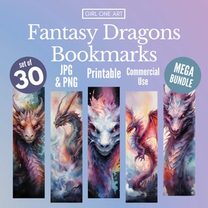 Fantasy Dragons Printable Bookmarks Bundle Digital Download PNG JPG Commercial Use Sublimation Junk Journal Bookmark Sheet Print & Cut Gift