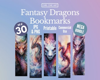 Fantasy Dragons Printable Bookmarks Bundle Digital Download PNG JPG Commercial Use Sublimation Junk Journal Bookmark Sheet Print & Cut Gift