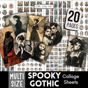 Puede incluir: Una colección de hojas de collage góticas espeluznantes de varios tamaños. Las imágenes presentan ilustraciones de estilo vintage de figuras góticas, un cuervo y retratos. El texto de la imagen dice "GIRL ONE ART", "20 PAGES", "MULTI SIZE", "SPOOKY GOTHIC" y "Sheets".