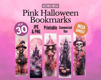 Pink Halloween Printable Bookmarks Bundle Spooky Witches Haunted Houses Bats Downloadable PNG JPG Commercial Use Sublimation Party Favors