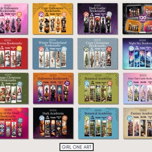 Peut inclure: Une collection de marque-pages imprimables sur divers th&egrave;mes, dont Halloween, No&euml;l et des motifs botaniques. Chaque marque-page pr&eacute;sente des illustrations uniques et le texte "30" ou "35" indiquant le nombre de mod&egrave;les. Le logo "GIRL ONE ART" est en bas.