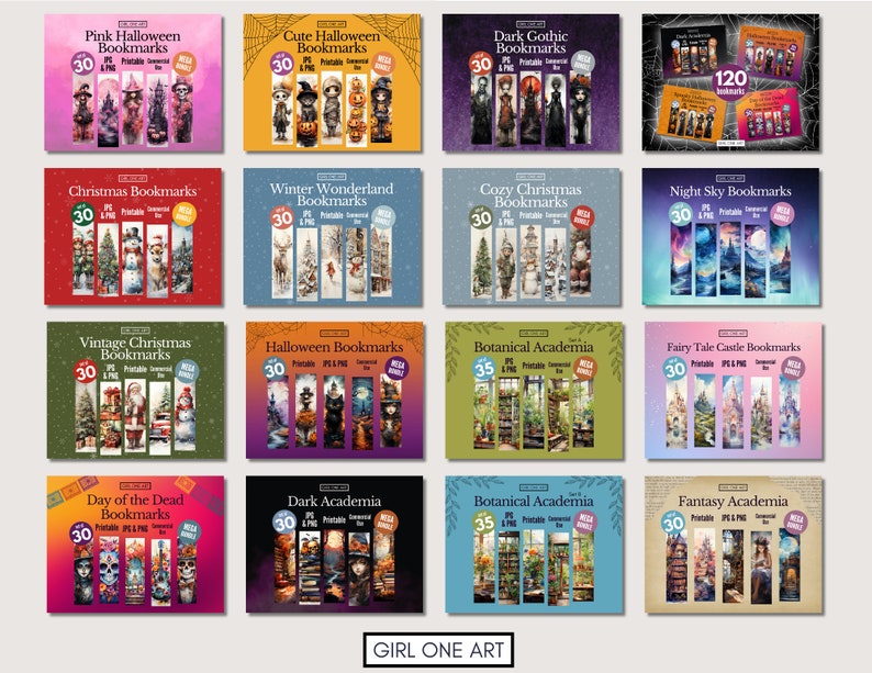 Peut inclure: Une collection de marque-pages imprimables sur divers th&egrave;mes, dont Halloween, No&euml;l et des motifs botaniques. Chaque marque-page pr&eacute;sente des illustrations uniques et le texte "30" ou "35" indiquant le nombre de mod&egrave;les. Le logo "GIRL ONE ART" est en bas.