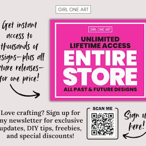 K&ouml;nnte beinhalten: Eine Werbegrafik mit dem Text "GIRL ONE ART" oben. Das Bild zeigt ein pinkfarbenes Quadrat mit wei&szlig;em Text, der lautet: "UNLIMITED LIFETIME ACCESS ENTIRE STORE ALL PAST & FUTURE DESIGNS." Zus&auml;tzlicher Text wirbt f&uuml;r Newsletter-Anmeldungen f&uuml;r exklusive Updates und Rabatte.