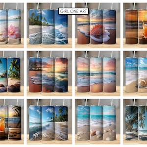 May include: Set of 12 beach-themed tumbler designs. Each design features a different beach scene, including palm trees, ocean waves, seashells, and sand. The tumblers are perfect for summer drinks and beach parties.