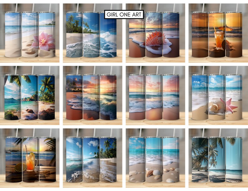May include: Set of 12 beach-themed tumbler designs. Each design features a different beach scene, including palm trees, ocean waves, seashells, and sand. The tumblers are perfect for summer drinks and beach parties.