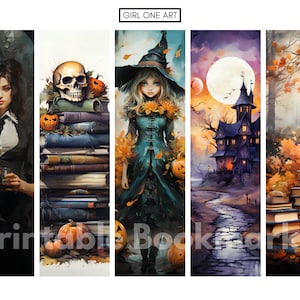 May include: Set of five printable bookmarks featuring Halloween themes. The bookmarks include a witch with a green dress and a black hat, a skull on a pile of books, a spooky house with a full moon, a woman in a black suit holding a glass, and a pile of books with fall leaves.
