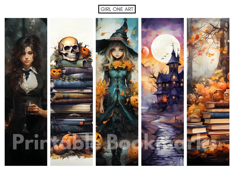 May include: Set of five printable bookmarks featuring Halloween themes. The bookmarks include a witch with a green dress and a black hat, a skull on a pile of books, a spooky house with a full moon, a woman in a black suit holding a glass, and a pile of books with fall leaves.