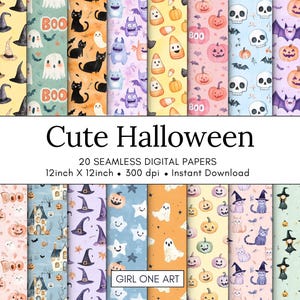 Puede incluir: Una colección de 20 papeles digitales sin costuras con temática de Halloween. Los papeles presentan varios patrones, incluyendo fantasmas, gatos negros, calabazas, murciélagos y sombreros de bruja. Se muestra el texto "Cute Halloween".