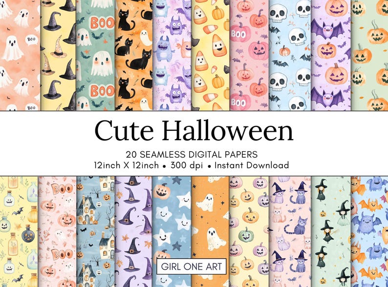 Cute Halloween Digital Paper Pack Seamless Watercolor Spooky Whimsical ...