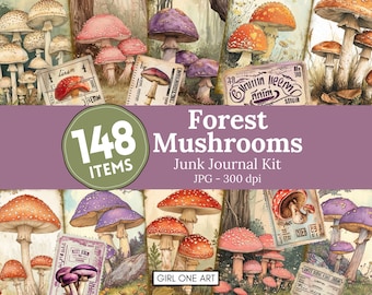 Forest Mushrooms Junk Journal Kit Digital Download Scrapbook Paper Botanical Fungi Collage Sheets Printable Vintage Woodland Ephemera JPG