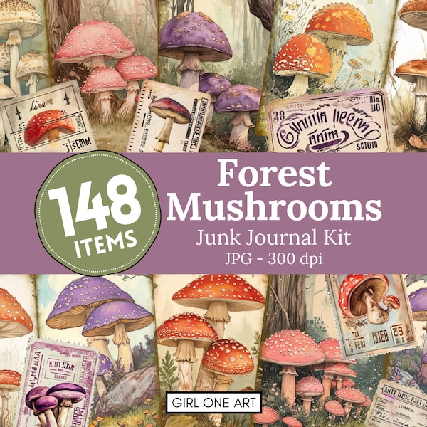 Forest Mushrooms Junk Journal Kit Digital Download Scrapbook Paper Botanical Fungi Collage Sheets Printable Vintage Woodland Ephemera JPG