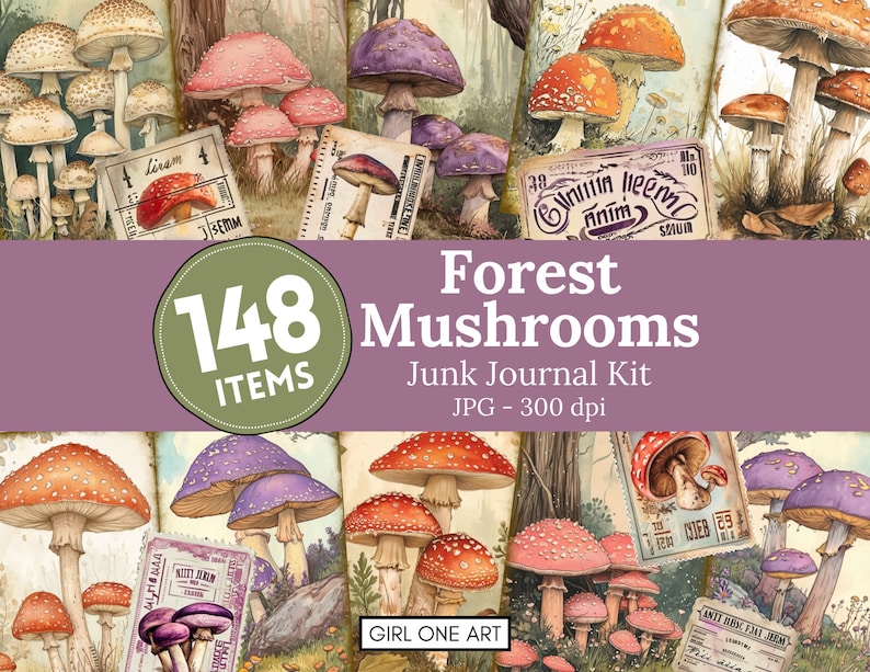 May include: A digital collage sheet with 148 images of watercolor mushrooms in various colors and styles. The sheet is titled "Forest Mushrooms Junk Journal Kit" and includes the text "148 Items" and "JPG - 300 dpi".