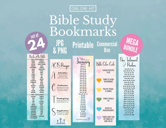 Bible Study Printable Bookmark Set Print Cut Books of the Bible Christian Faith Journal SOAP Color Code Reading Plan Prayer Log ACTS Prayer