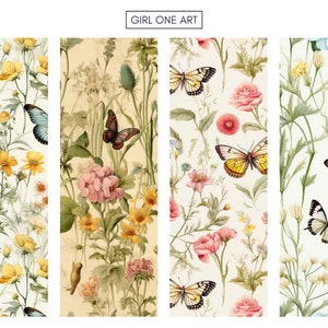 May include: Four seamless patterns featuring watercolor illustrations of butterflies and flowers in shades of yellow, pink, blue, and green on a white background.
