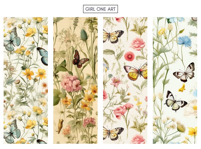 May include: Four seamless patterns featuring watercolor illustrations of butterflies and flowers in shades of yellow, pink, blue, and green on a white background.