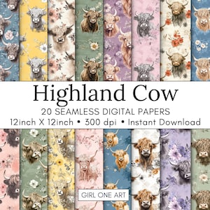 Highland Kuh druckbares Papier nahtlos digitales Cowgirl Aquarell sich wiederholendes Textildesign Blumenmuster süße Kuh Hintergrund Junk Journal
