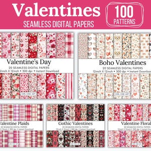 Saint-Valentin papier sans couture Mega Bundle numérique Saint-Valentin amour romantique coeurs Boho fleurs motifs gothiques Texture de lin
