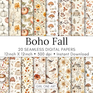 Boho Fall Seamless Paper Printable Leaves Rustic Woodland Junk Journal Sfondi autunnali digitali Bundle Zucche Funghi Foresta Motivi