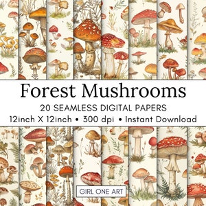 20 Forest Mushrooms Printable Paper Seamless Fairy Junk Journal Digital Download Vintage Woodland Backgrounds Bundle Cute Scrapbook Patterns