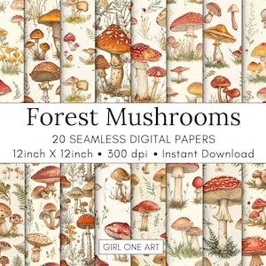 Funghi della foresta Carta stampabile Fata senza soluzione di continuità Giornale spazzatura digitale Sfondi vintage del bosco Bundle Modello carino scaricabile Ephemera