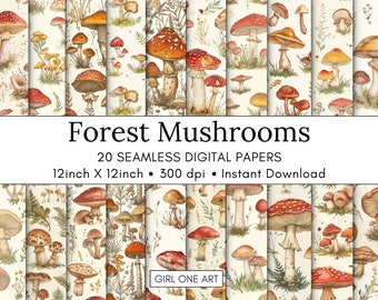 20 Forest Mushrooms Printable Paper Seamless Fairy Junk Journal Digital Download Vintage Woodland Backgrounds Bundle Cute Scrapbook Patterns