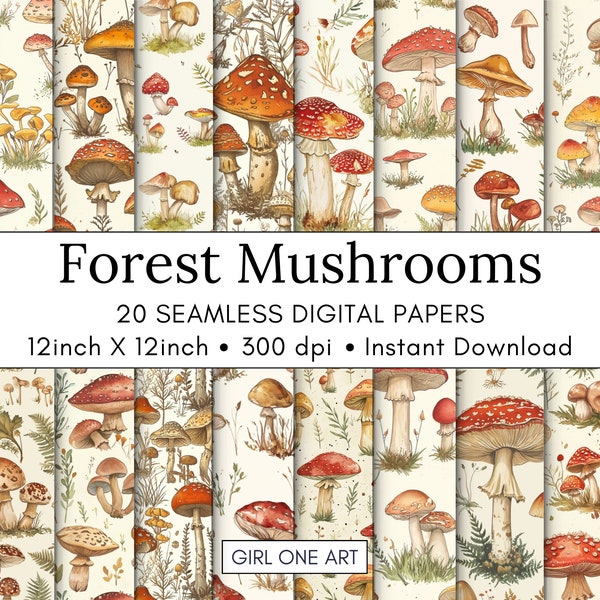 20 Forest Mushrooms Printable Paper Seamless Fairy Junk Journal Digital Download Vintage Woodland Backgrounds Bundle Cute Scrapbook Patterns