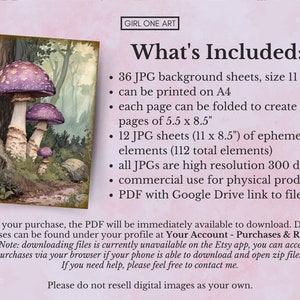 May include: A digital download of 36 printable background sheets and 12 sheets of ephemera elements, all in high resolution JPG format. The background sheets are 11 inches by 8.5 inches and can be printed on A4 paper. Each sheet can be folded to create 72 smaller pages. The ephemera elements are 11 inches by 8.5 inches. The image shows a watercolor illustration of mushrooms in a forest.