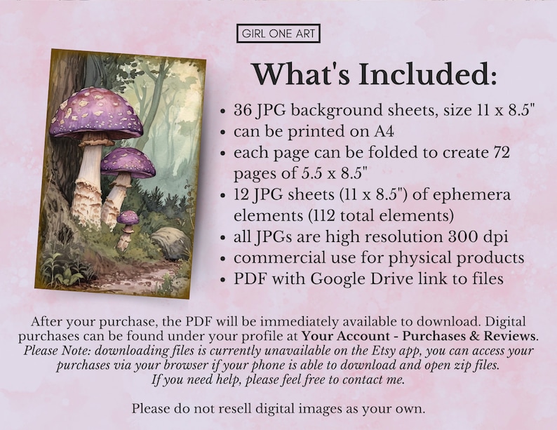 May include: A digital download of 36 printable background sheets and 12 sheets of ephemera elements, all in high resolution JPG format. The background sheets are 11 inches by 8.5 inches and can be printed on A4 paper. Each sheet can be folded to create 72 smaller pages. The ephemera elements are 11 inches by 8.5 inches. The image shows a watercolor illustration of mushrooms in a forest.