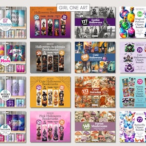 K&ouml;nnte beinhalten: Eine Sammlung digitaler Kunstdrucke und Bundles, darunter Halloween-Lesezeichen, Zaubertrank-Clipart und Tarotkarten. Das Bild zeigt verschiedene Themen wie gotische, niedliche Halloween- und gem&uuml;tliche Herbstdesigns. Der Text "GIRL ONE ART" ist sichtbar.