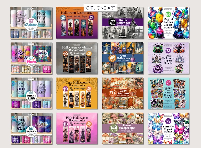 K&ouml;nnte beinhalten: Eine Sammlung digitaler Kunstdrucke und Bundles, darunter Halloween-Lesezeichen, Zaubertrank-Clipart und Tarotkarten. Das Bild zeigt verschiedene Themen wie gotische, niedliche Halloween- und gem&uuml;tliche Herbstdesigns. Der Text "GIRL ONE ART" ist sichtbar.
