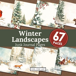 Winterlandschappen ongewenste dagboekpagina's JPG digitaal bos plakboekpapier gezellige kerst bos achtergronden vos hert beer bloemen ephemera