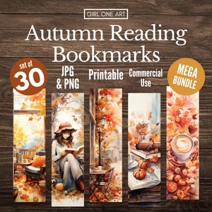 Autumn Reading Printable Bookmarks Bundle Downloadable PNG JPG Commercial Use Fall Bookmark Sublimation Botanical Academia Tags Junk Journal