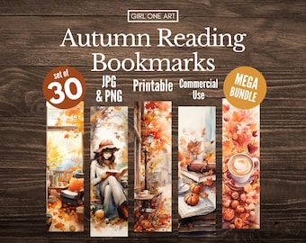 Autumn Reading Printable Bookmarks Bundle Downloadable PNG JPG Commercial Use Fall Bookmark Sublimation Botanical Academia Tags Junk Journal