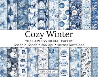 May include: A set of 20 digital papers featuring a winter theme. The papers are seamless and come in a variety of designs, including snowflakes, snowmen, deer, and wintery landscapes. The papers are 30.5 cm by 30.5 cm and 300 dpi.