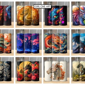 May include: Set of 12 sublimation tumblers featuring colorful dragon designs. Each tumbler has a different dragon design with various colors and backgrounds. The tumblers are perfect for adding a unique touch to your everyday drinks.