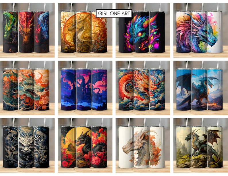 May include: Set of 12 sublimation tumblers featuring colorful dragon designs. Each tumbler has a different dragon design with various colors and backgrounds. The tumblers are perfect for adding a unique touch to your everyday drinks.