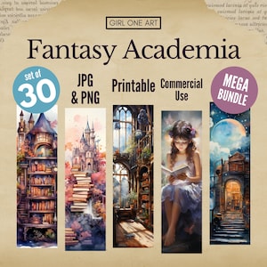Puede incluir: Un conjunto de 30 marcadores imprimibles con temas de academia de fantasía. Los marcadores están en formato JPG y PNG y son para uso comercial. La imagen muestra cuatro marcadores diferentes con ilustraciones de una biblioteca, un castillo, una niña leyendo un libro y una escalera que lleva a una biblioteca.