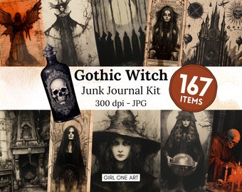 Gothic Witch Junk Journal Kit: Vintage Grimoire Paper & Collage Sheets Halloween Horror Ephemera