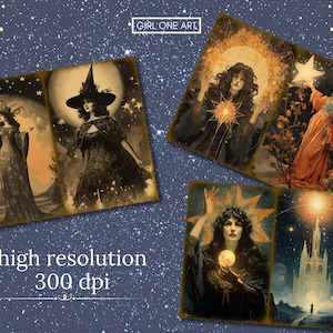 May include: Four vintage-style illustrations featuring women with stars and celestial imagery. The images are in a warm, golden color palette and have a whimsical, magical feel.