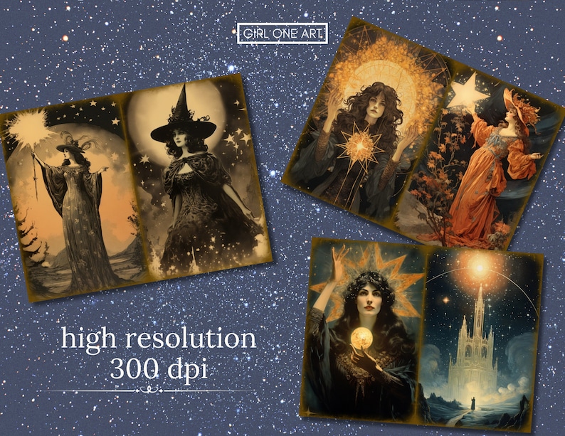 May include: Four vintage-style illustrations featuring women with stars and celestial imagery. The images are in a warm, golden color palette and have a whimsical, magical feel.